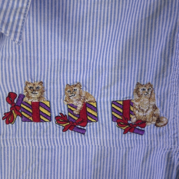 Solutions Kitten Present StripeButton Down Shirt Size M Vintage Embroidered Cats - Picture 4 of 8